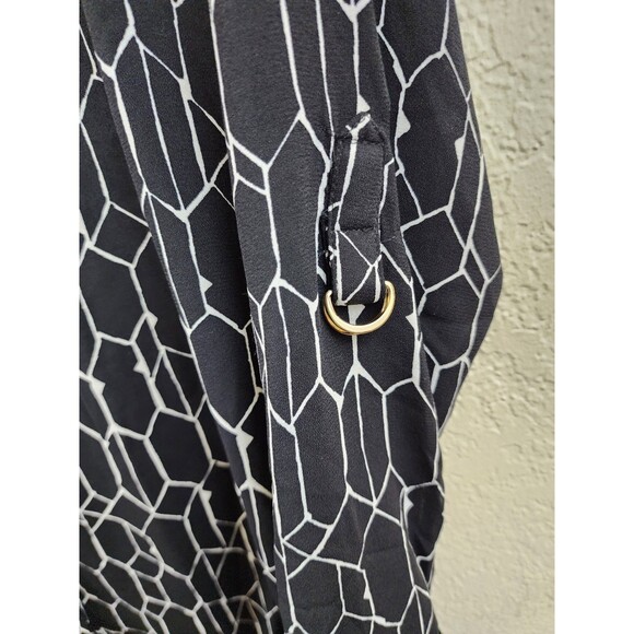Apt 9 Womens M Black White Geometric Long Sleeve Button Up Belted Dress - Picture 6 of 10